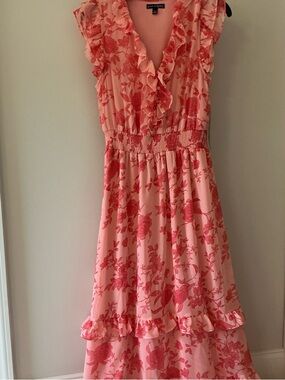 Sam & Jess Floral Ruffle Midi Dress NWT Small Peach Pink Wedding Guest
